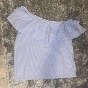 Zara Blue White Stripe One Shoulder Ruffle Blouse Size M